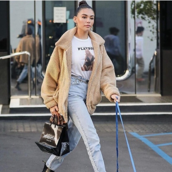 I.AmGia pixie brown Caramel Tan Sherpa Blogger zip up pocket front teddy coat - Picture 2 of 6